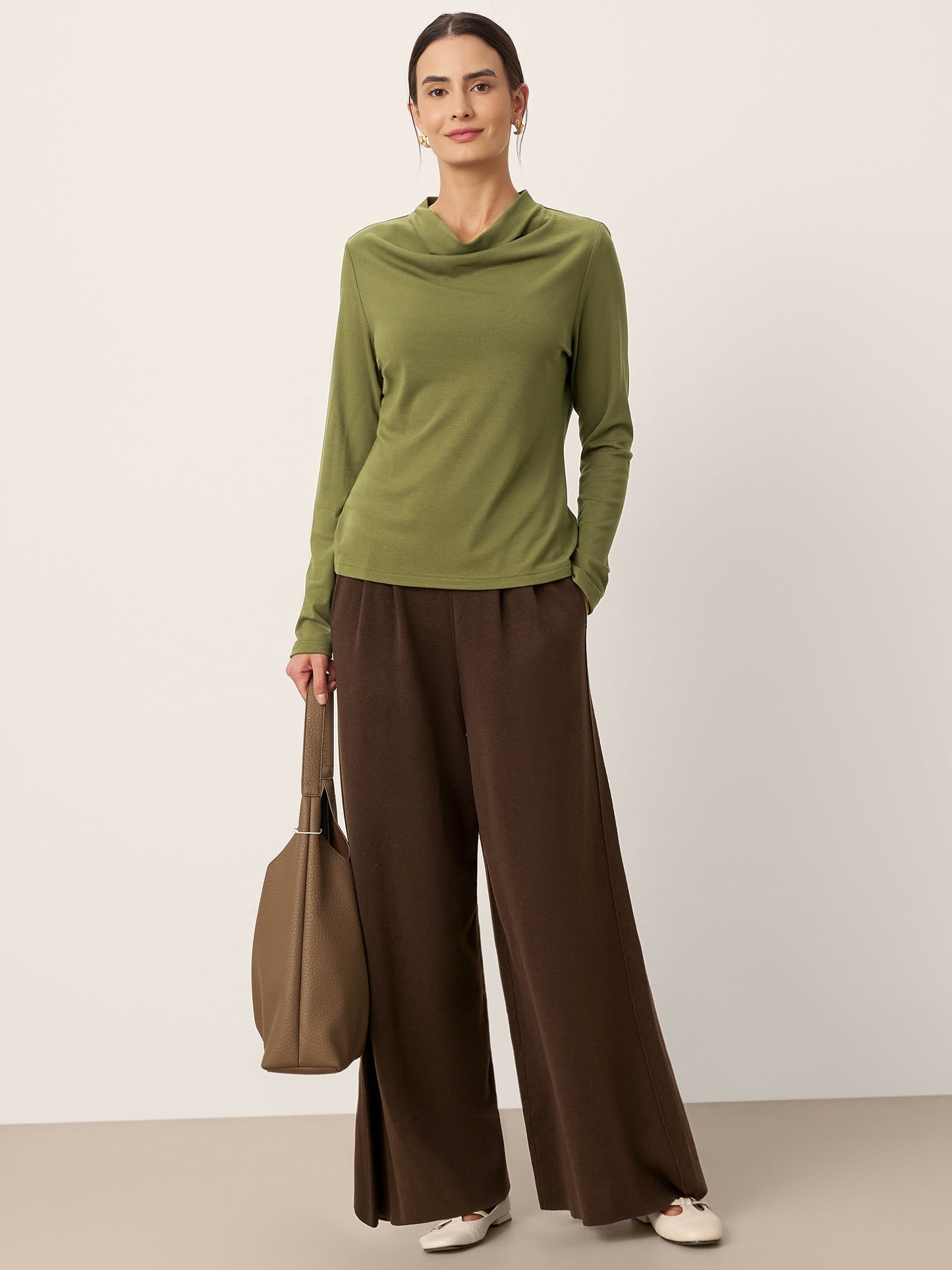 Wool Cowl Drape Stretch Long Sleeve Top INEKE LINTICO