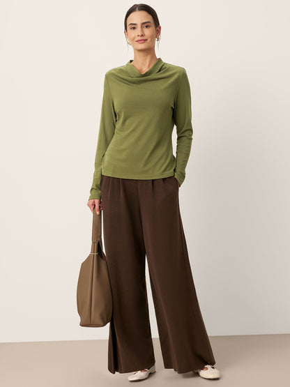 Wool Cowl Drape Stretch Long Sleeve Top INEKE LINTICO