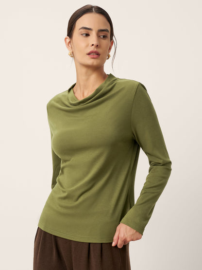 Wool Cowl Drape Stretch Long Sleeve Top INEKE LINTICO