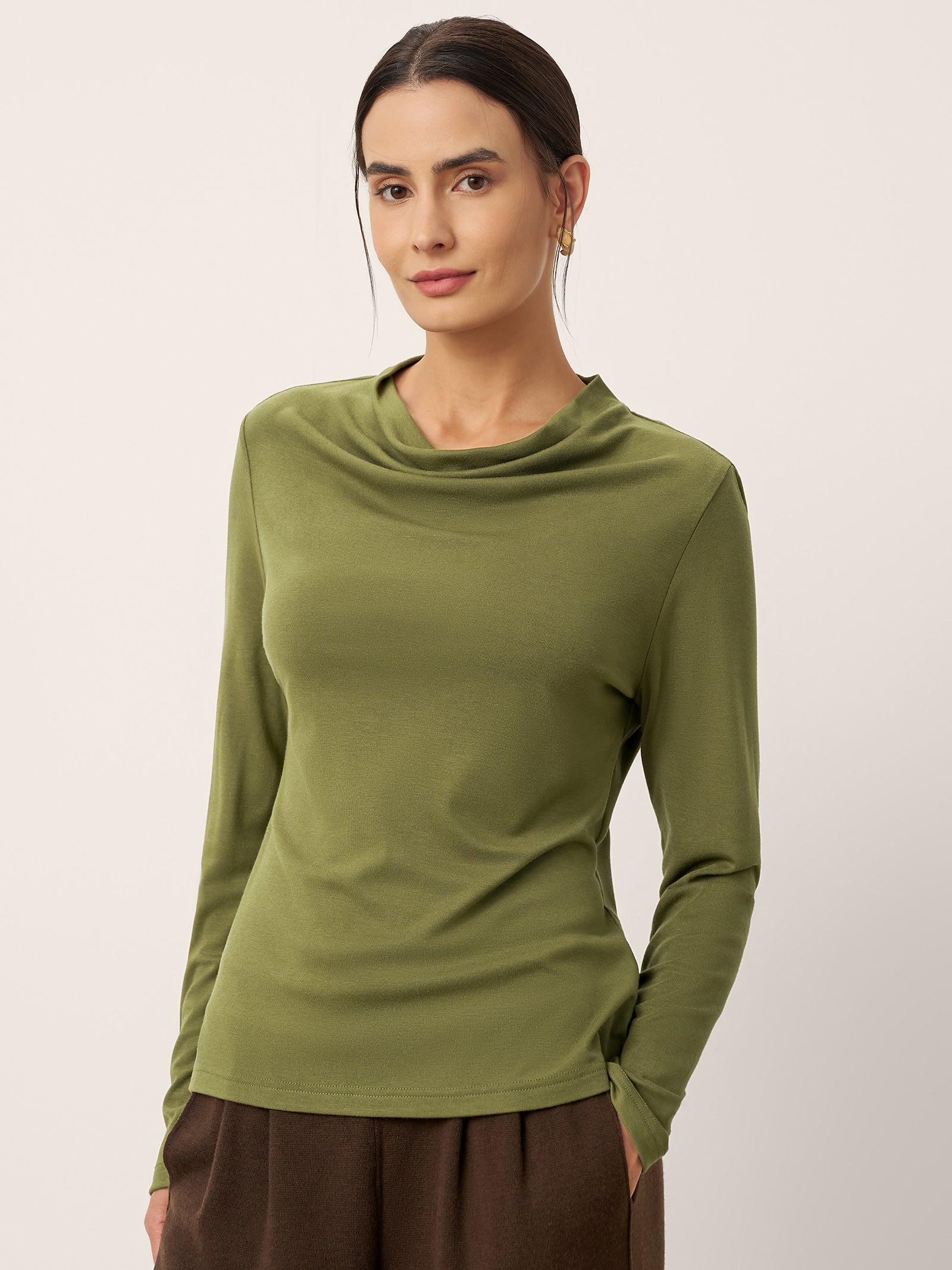 Wool Cowl Drape Stretch Long Sleeve Top INEKE LINTICO