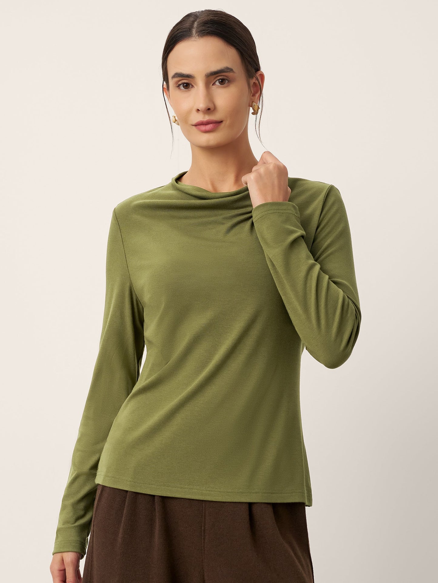 Wool Cowl Drape Stretch Long Sleeve Top INEKE LINTICO