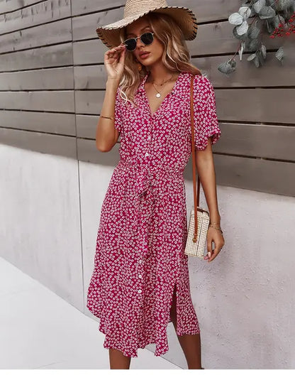 Women's Floral Summer Midi Dress with V Neck
