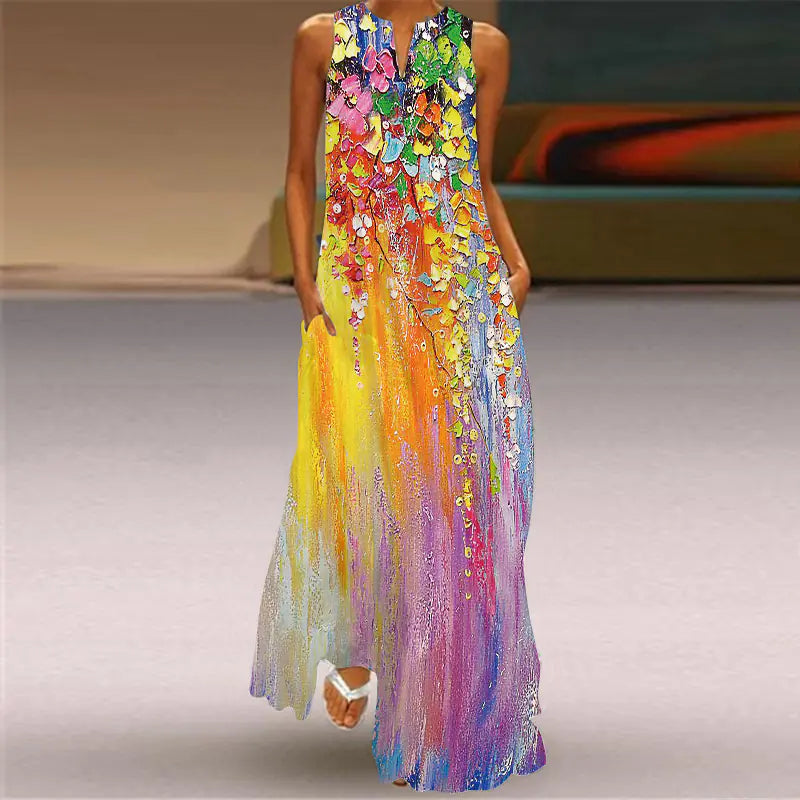 Summer Vintage Print Maxi Dress with V-Neck