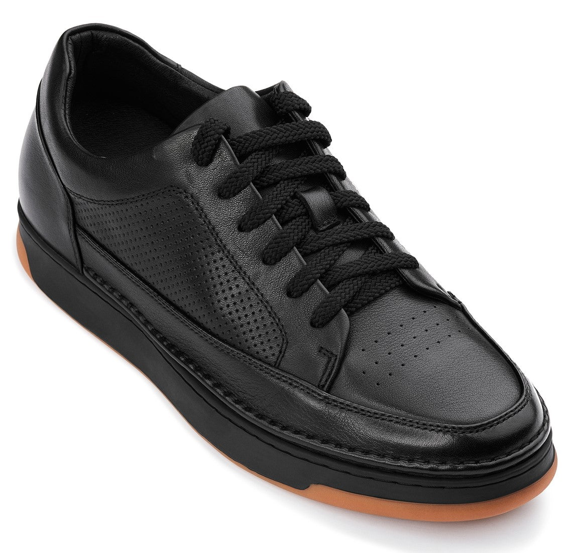 CALTO - Y7931 - 2.6 Inches Taller (Noir/Black & Gum Sole) - Elevated Leather Micro-Perforated Sneakers Tallmenshoes.com