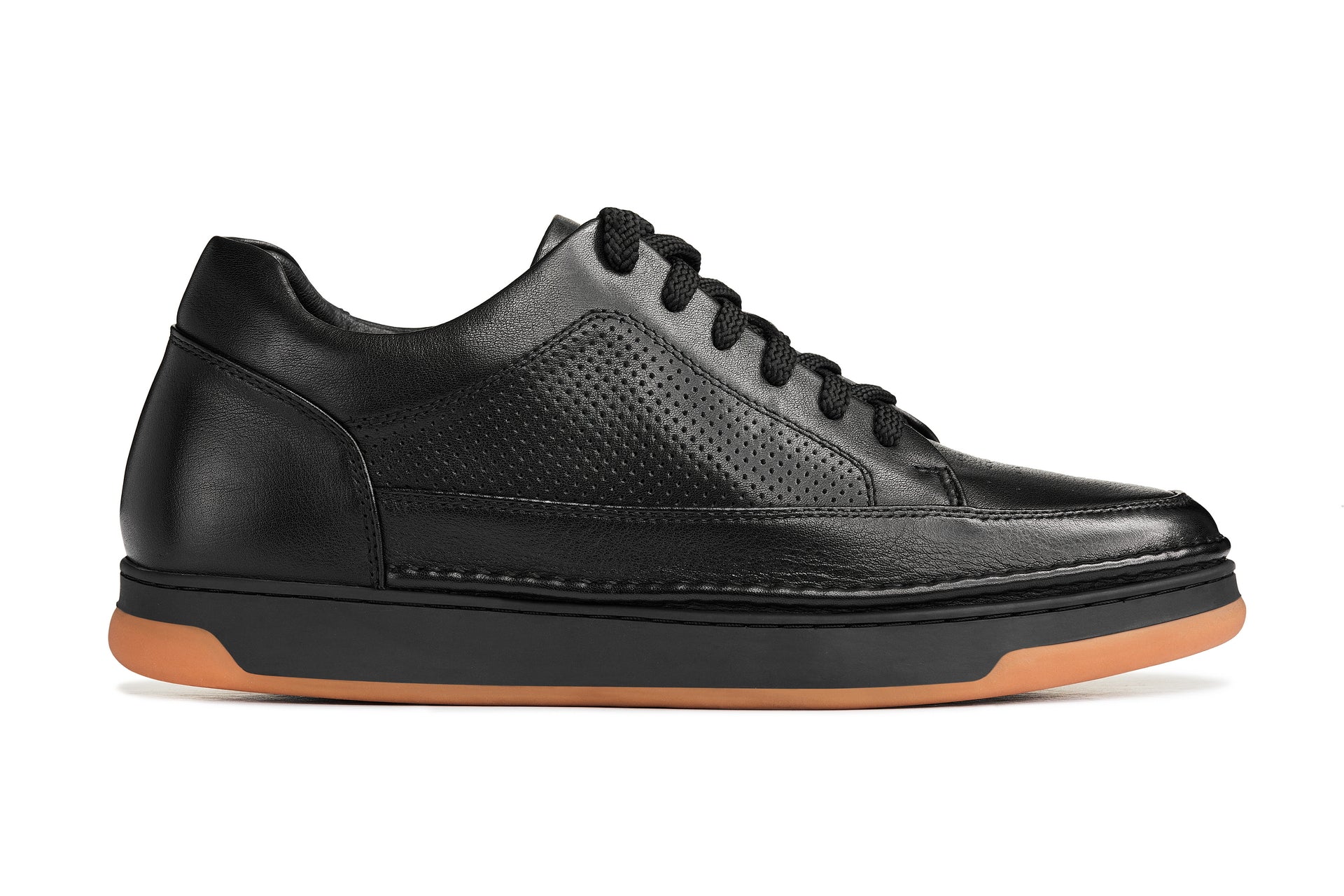 CALTO - Y7931 - 2.6 Inches Taller (Noir/Black & Gum Sole) - Elevated Leather Micro-Perforated Sneakers Tallmenshoes.com