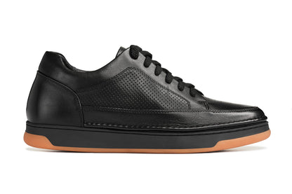 CALTO - Y7931 - 2.6 Inches Taller (Noir/Black & Gum Sole) - Elevated Leather Micro-Perforated Sneakers Tallmenshoes.com
