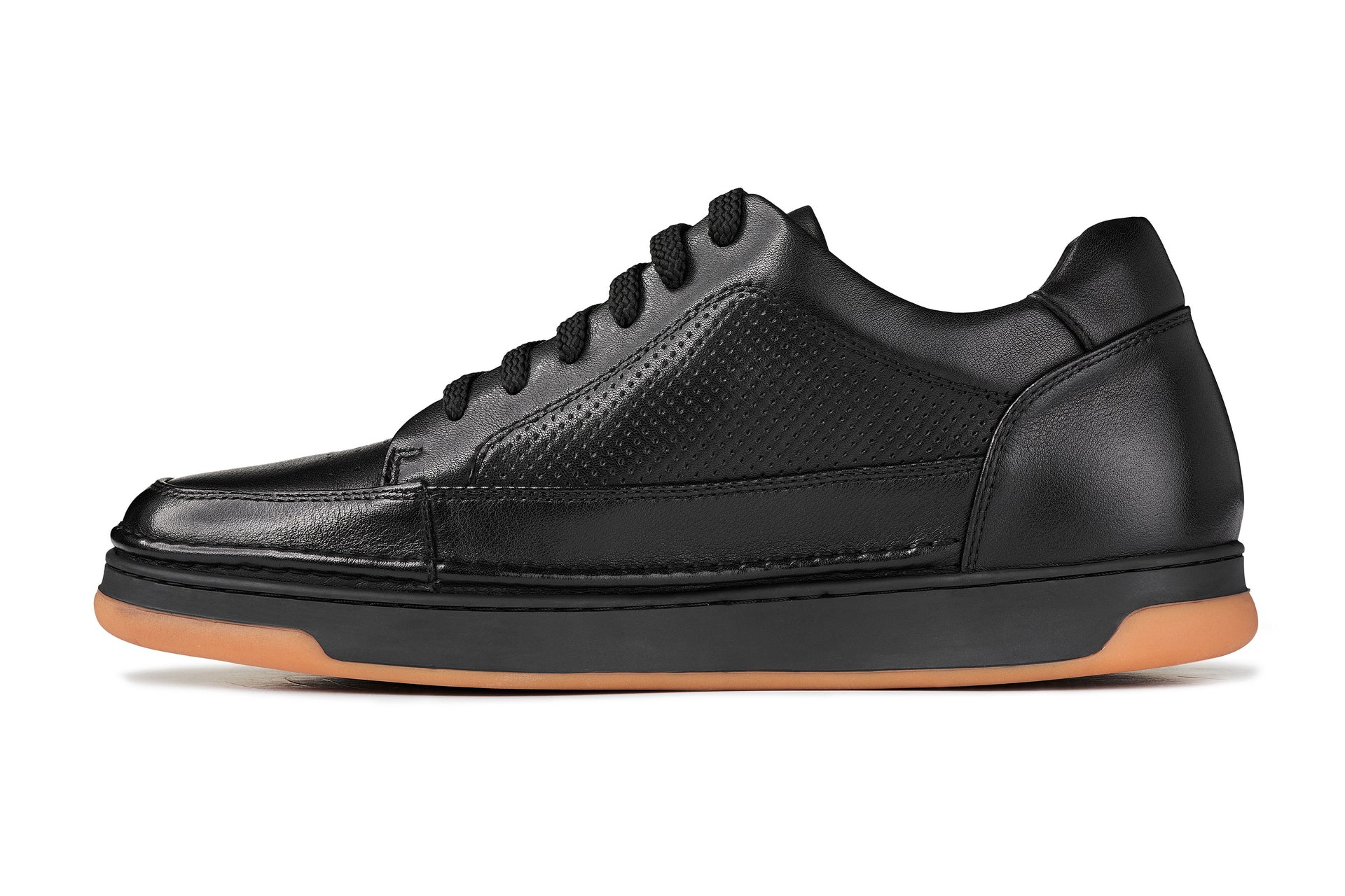 CALTO - Y7931 - 2.6 Inches Taller (Noir/Black & Gum Sole) - Elevated Leather Micro-Perforated Sneakers Tallmenshoes.com