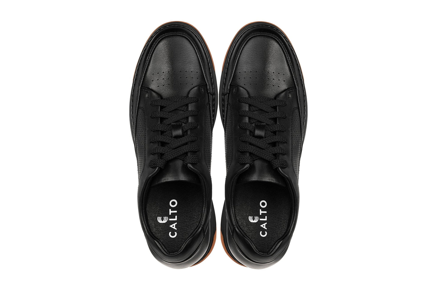 CALTO - Y7931 - 2.6 Inches Taller (Noir/Black & Gum Sole) - Elevated Leather Micro-Perforated Sneakers Tallmenshoes.com