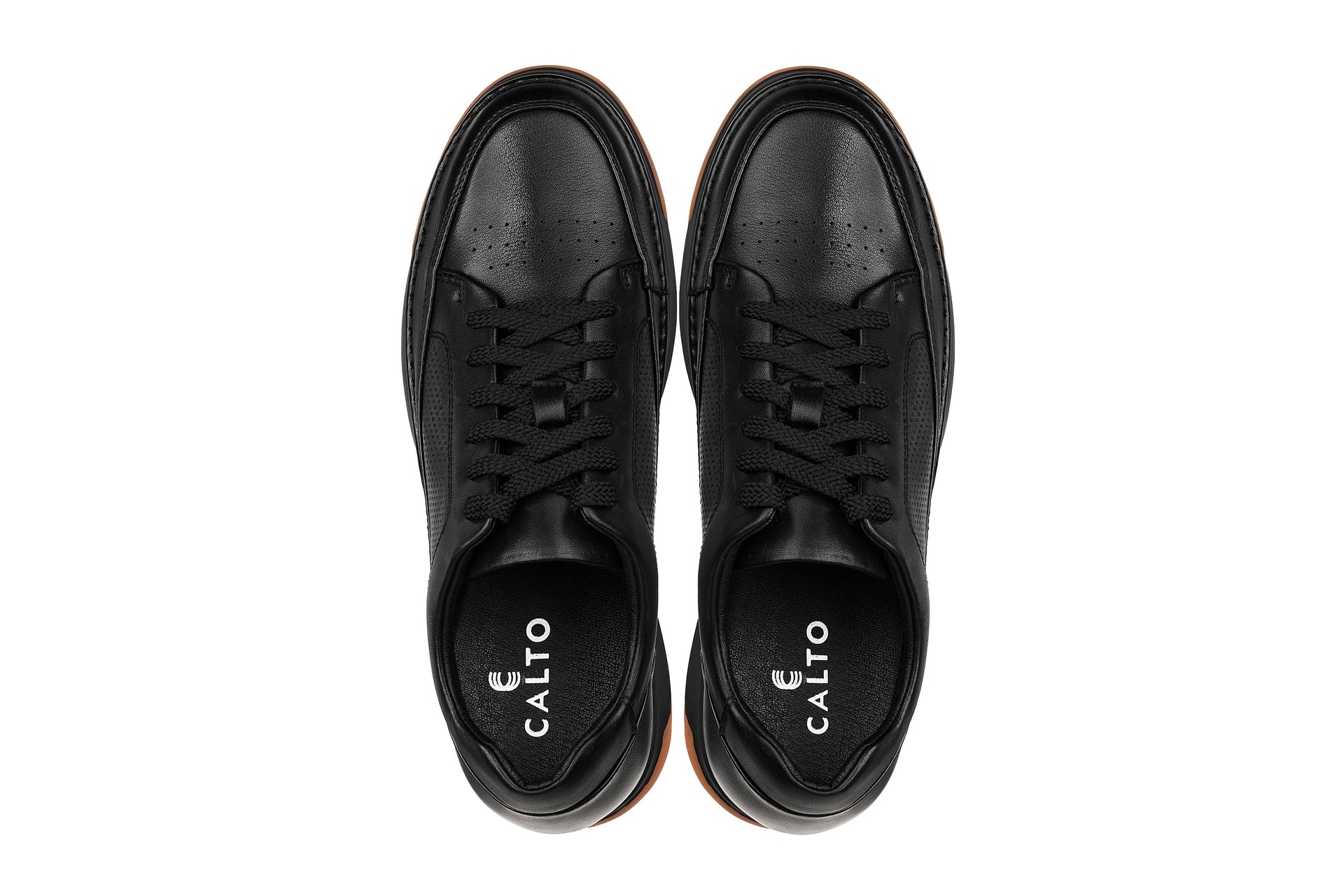 CALTO - Y7931 - 2.6 Inches Taller (Noir/Black & Gum Sole) - Elevated Leather Micro-Perforated Sneakers Tallmenshoes.com