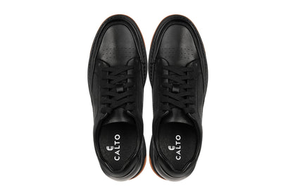 CALTO - Y7931 - 2.6 Inches Taller (Noir/Black & Gum Sole) - Elevated Leather Micro-Perforated Sneakers Tallmenshoes.com