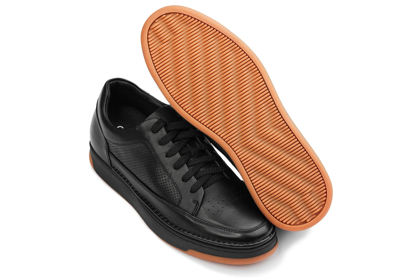CALTO - Y7931 - 2.6 Inches Taller (Noir/Black & Gum Sole) - Elevated Leather Micro-Perforated Sneakers Tallmenshoes.com