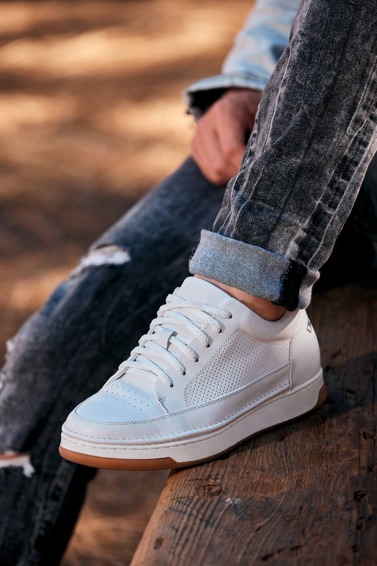 CALTO - Y7932 - 2.6 Inches Taller (White/Off-White & Gum Sole) - Elevated Micro-Perforated Leather Sneakers Tallmenshoes.com