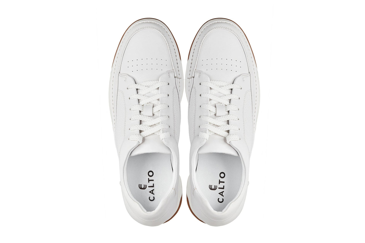 CALTO - Y7932 - 2.6 Inches Taller (White/Off-White & Gum Sole) - Elevated Micro-Perforated Leather Sneakers Tallmenshoes.com