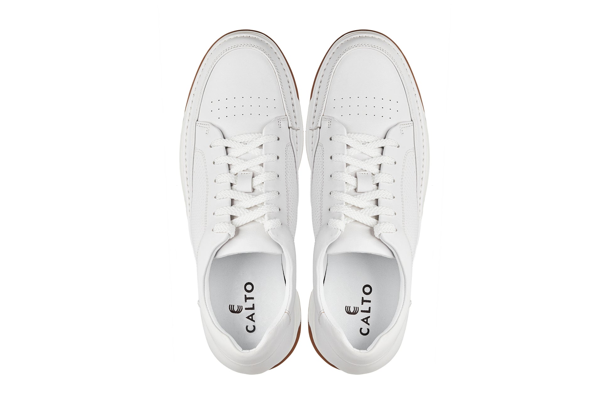 CALTO - Y7932 - 2.6 Inches Taller (White/Off-White & Gum Sole) - Elevated Micro-Perforated Leather Sneakers Tallmenshoes.com