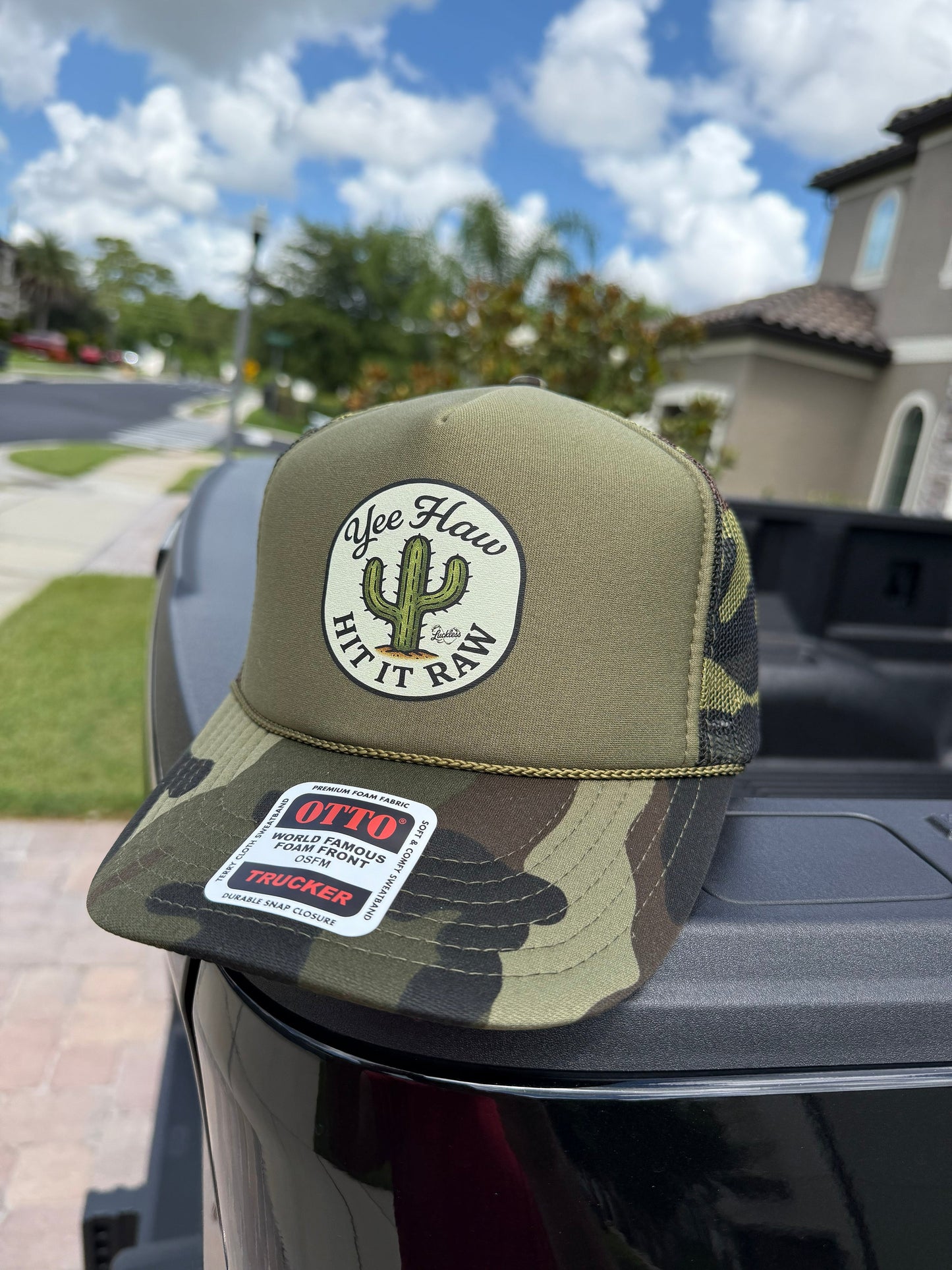 Yee Haw Hit it Raw Camo Trucker Luckless Outfitters