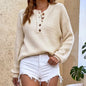 Solid Button Pullover Women's Round Neck Sweater