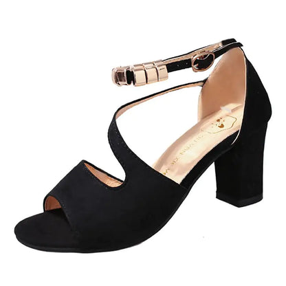 Fashion Women's Sandals with Thick Mid-Heel Buckle