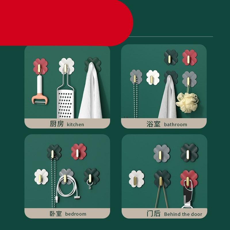 A Box of 4 Four-leaf Clover Hooks Punch-free Strong Sticky Bathroom Hook Light Luxury Household Wall Nail-free Key Storage Hook Cute Plastic Hooks Self-Adhesive Suitable Wall Bracket Self-Adhesive Hook Strong Adhesive Hanging on the Wall Stevvex