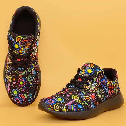 Women's Mexican Flower Pattern Lightweight Sneakers - Lace-Up Running Shoes, Casual & Stylish - Breathable Fabric & Rubber Sole - For Women - Suitable for Everyday Wear, Running & Casual Outings - Perfect Gift for Fashionable NovaCart