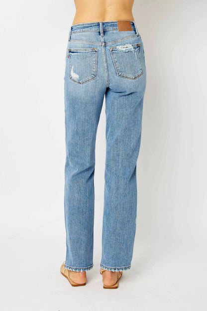 Judy Blue Full Size High Waist Straight Jeans with Heavy Destroy Plus Size Garden Naked Curves