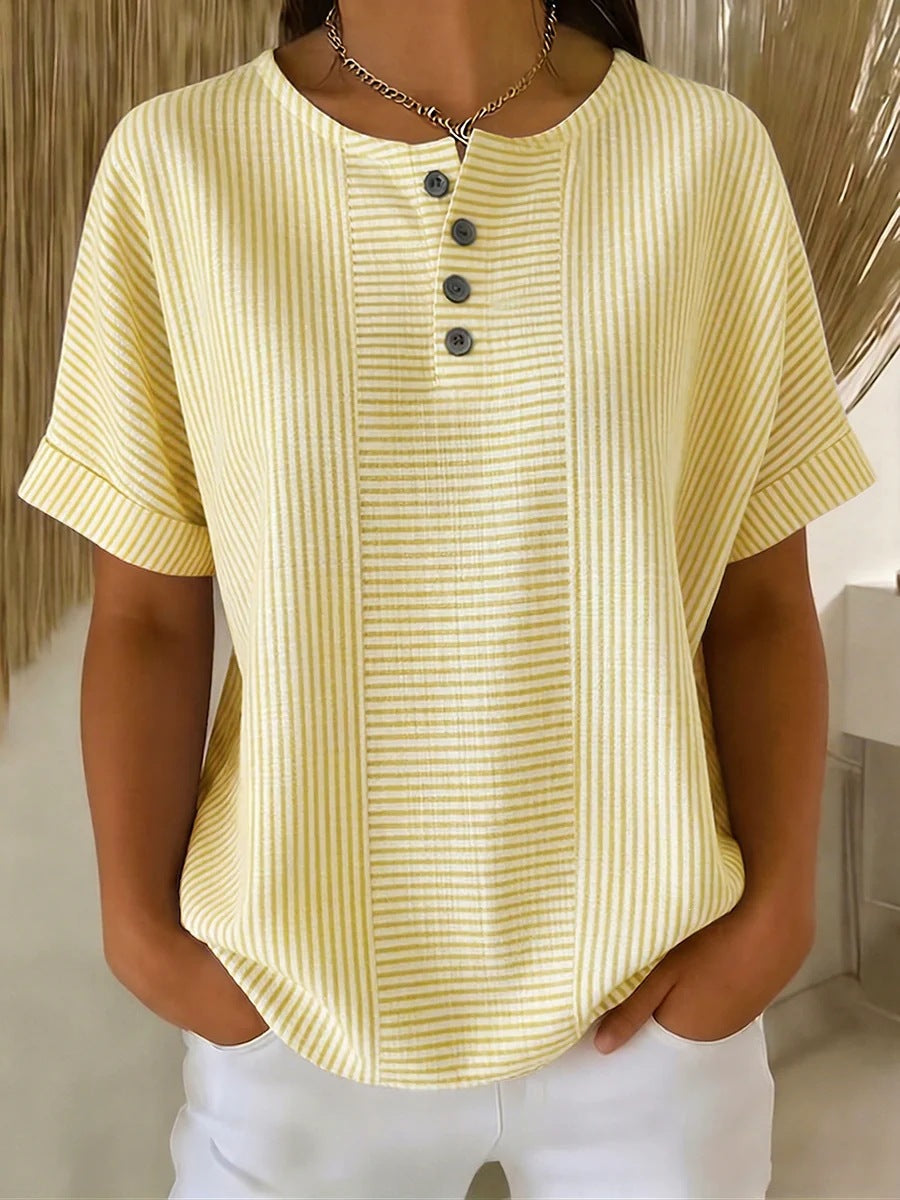 Women's Cotton Linen Striped T-Shirt – V-Neck, Button Detail, Loose Fit FitiqueFit