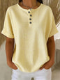 Women's Cotton Linen Striped T-Shirt – V-Neck, Button Detail, Loose Fit FitiqueFit