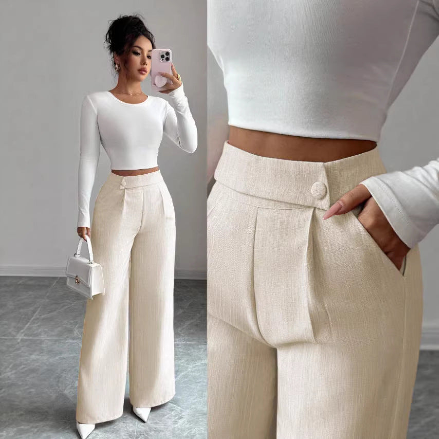 Women's High-Waist Straight-Leg Pants – Solid Color Button Detail Full Length FitiqueFit