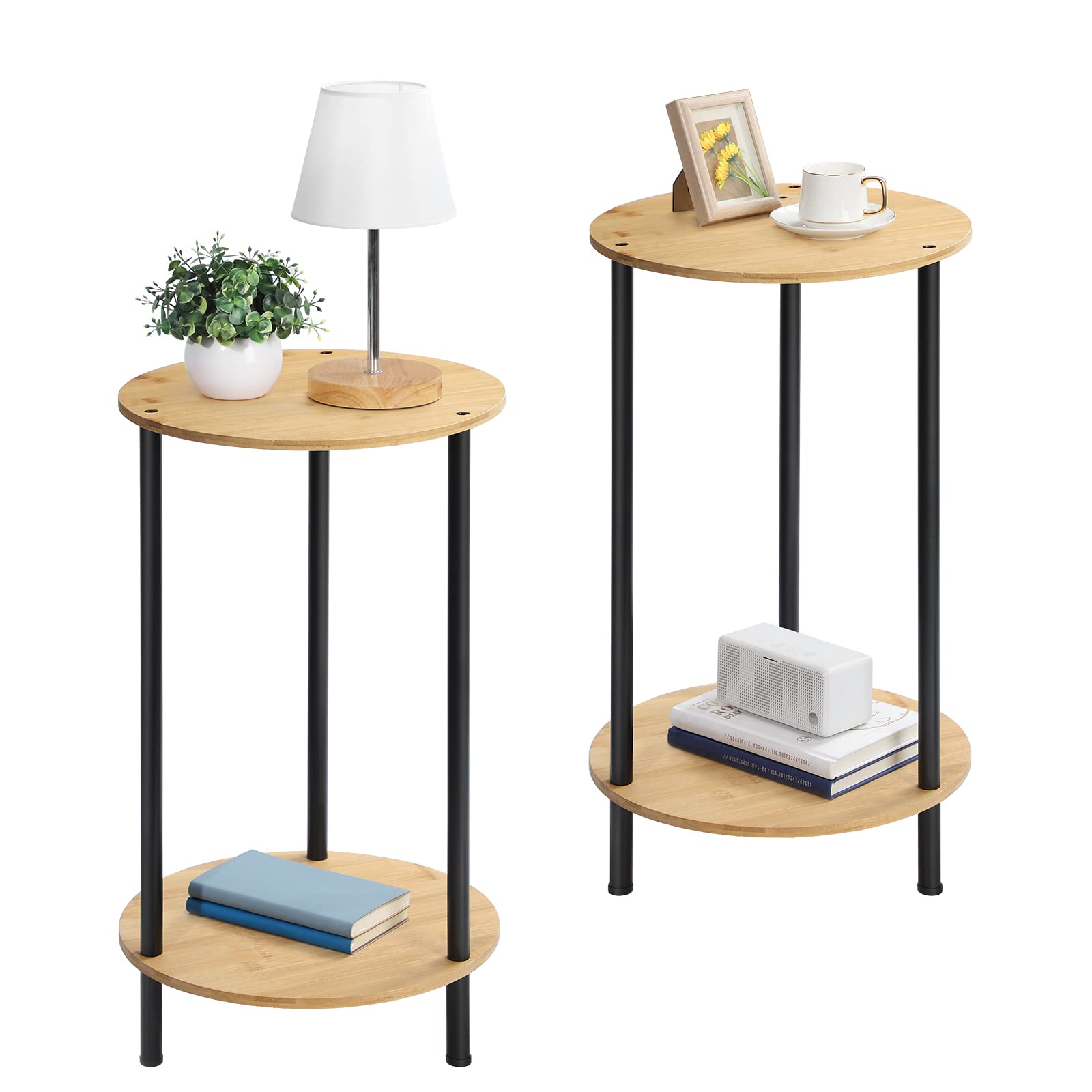 Small Round Table Set of 2 End Tables Living Room Side Tables for Small Spaces 2 Tiers Rustic Accent Tables Night Stands for Bedrooms Coffee Tables With Storage Shelf New Era Fashion LLc