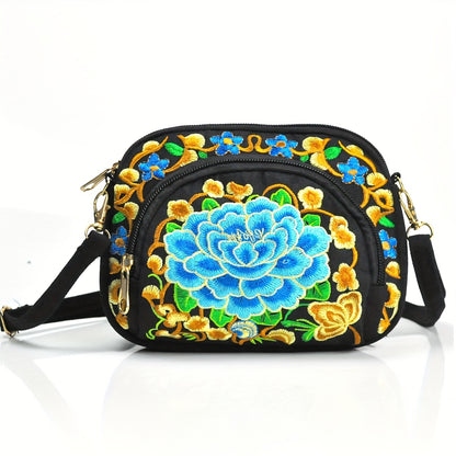 Vibrant Floral Embroidered Crossbody Bag for Women - Lightweight, Double-Sided Design with Detachable Strap, Zipper Closure, and Phone Pocket - Perfect for Casual Outings, Travel Accessory | Vibrant Pattern Bag | Coin Purse NovaCart