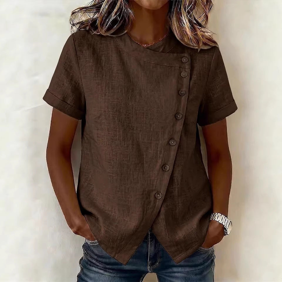 Women's Cross-Neckline Asymmetrical Hem Cotton Linen Top – Loose Fit FitiqueFit