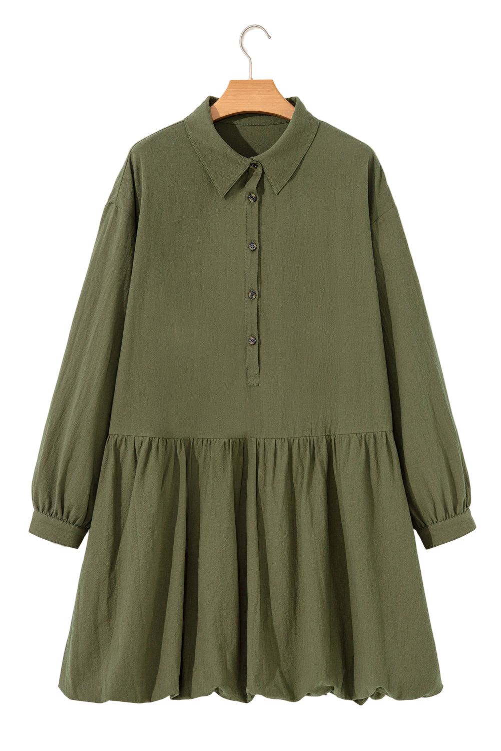 Four Leaf Clover Plus Size Collar Half Button Long Sleeve Ruffle Hem Mini Dress Garden Naked Curves