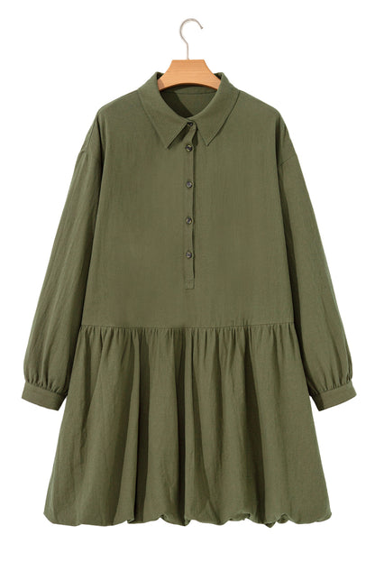 Four Leaf Clover Plus Size Collar Half Button Long Sleeve Ruffle Hem Mini Dress Garden Naked Curves