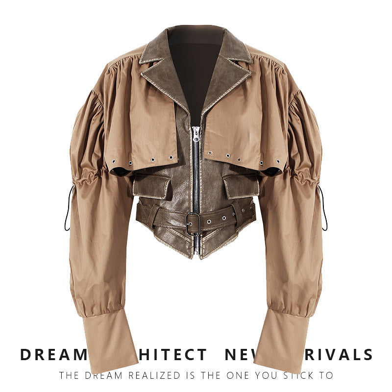 Niche Design Two-piece Coat Cape Stitching PU Handsome Waist-tight Jacket See size chart under “more details” The Fashion Celestial