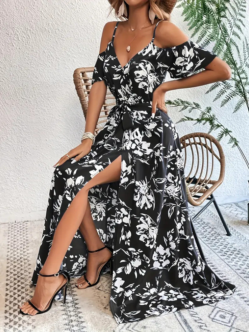 Ins Off-Shoulder Split Dress Summer Floral Print Suspender Long Dresses With Belt Design Women's Beach Clothing Grayceful LLC
