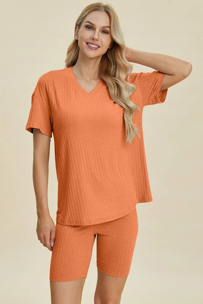 Basic Bae Full Size Ribbed V-Neck Short Sleeve Top and Shorts Set New Era Fashion LLc