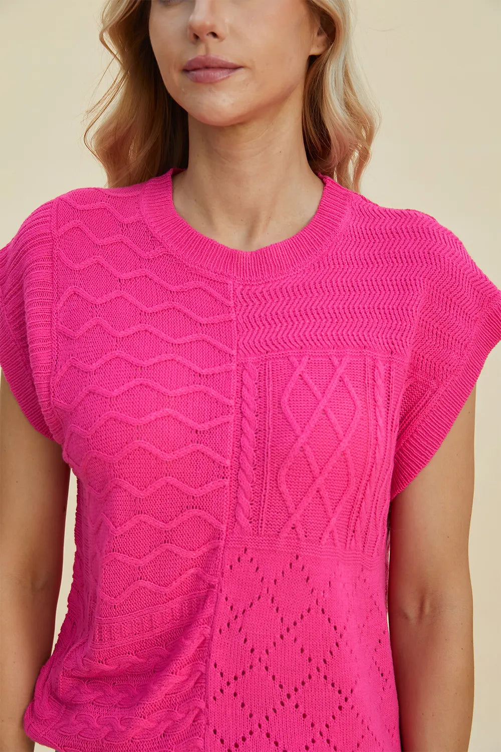 Double Take Full Size Cable-Knit Round Neck Cap Sleeve Sweater New Era Fashion LLc