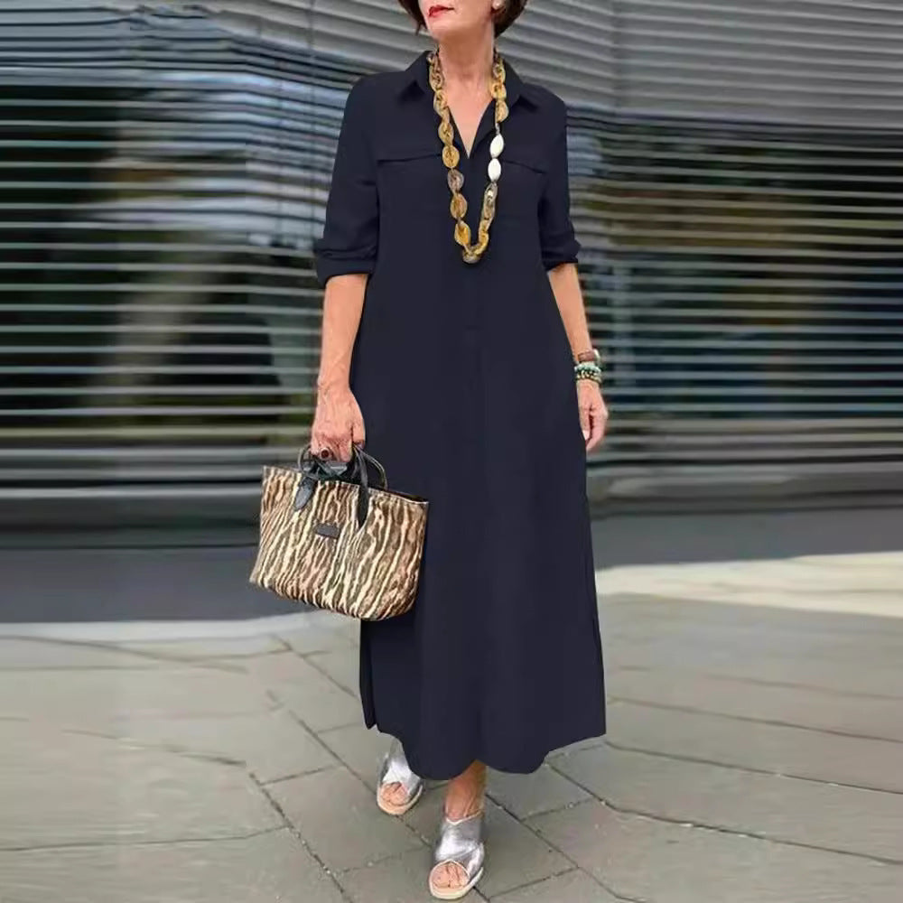 Elegant Solid Color Long Sleeve Button Lapel Dress Grayceful LLC