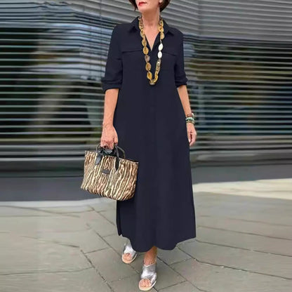 Elegant Solid Color Long Sleeve Button Lapel Dress Grayceful LLC