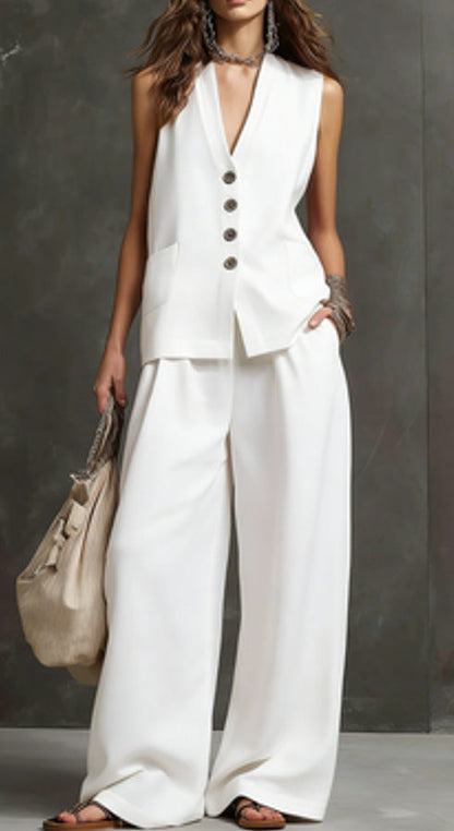 Women's Linen Sleeveless Vest & Wide-Leg Pants Two-Piece Set FitiqueFit