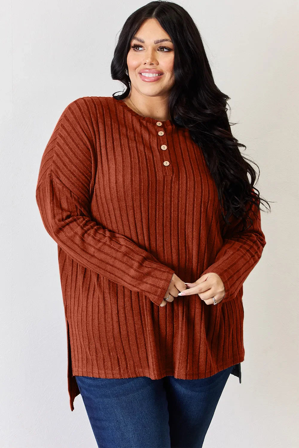 Basic Bae Full Size Ribbed Half Button Long Sleeve High-Low T-Shirt New Era Fashion LLc