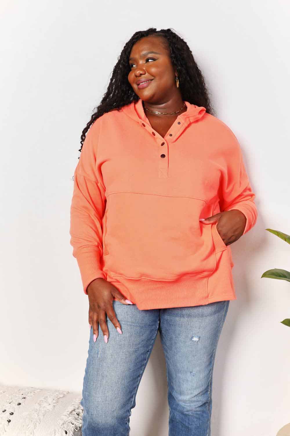 Double Take Quarter-Snap Dropped Shoulder Hoodie West2East Surf