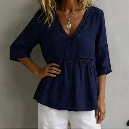 Women's V-Neck Hollow-Out Fringe Cotton-Linen Top FitiqueFit