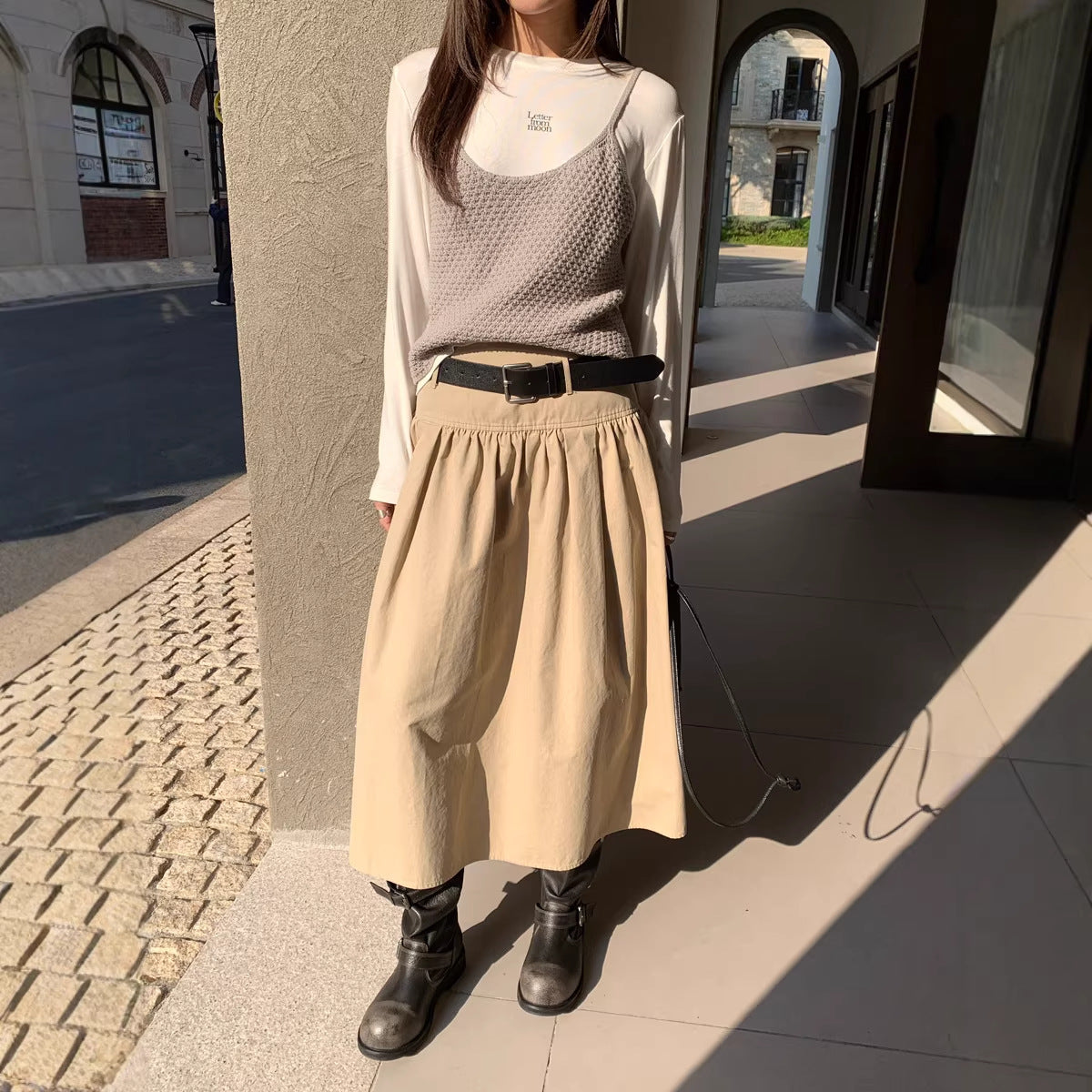 Relaxed A-Line Crushed Pleat Cotton Midi Skirt with Belt FitiqueFit