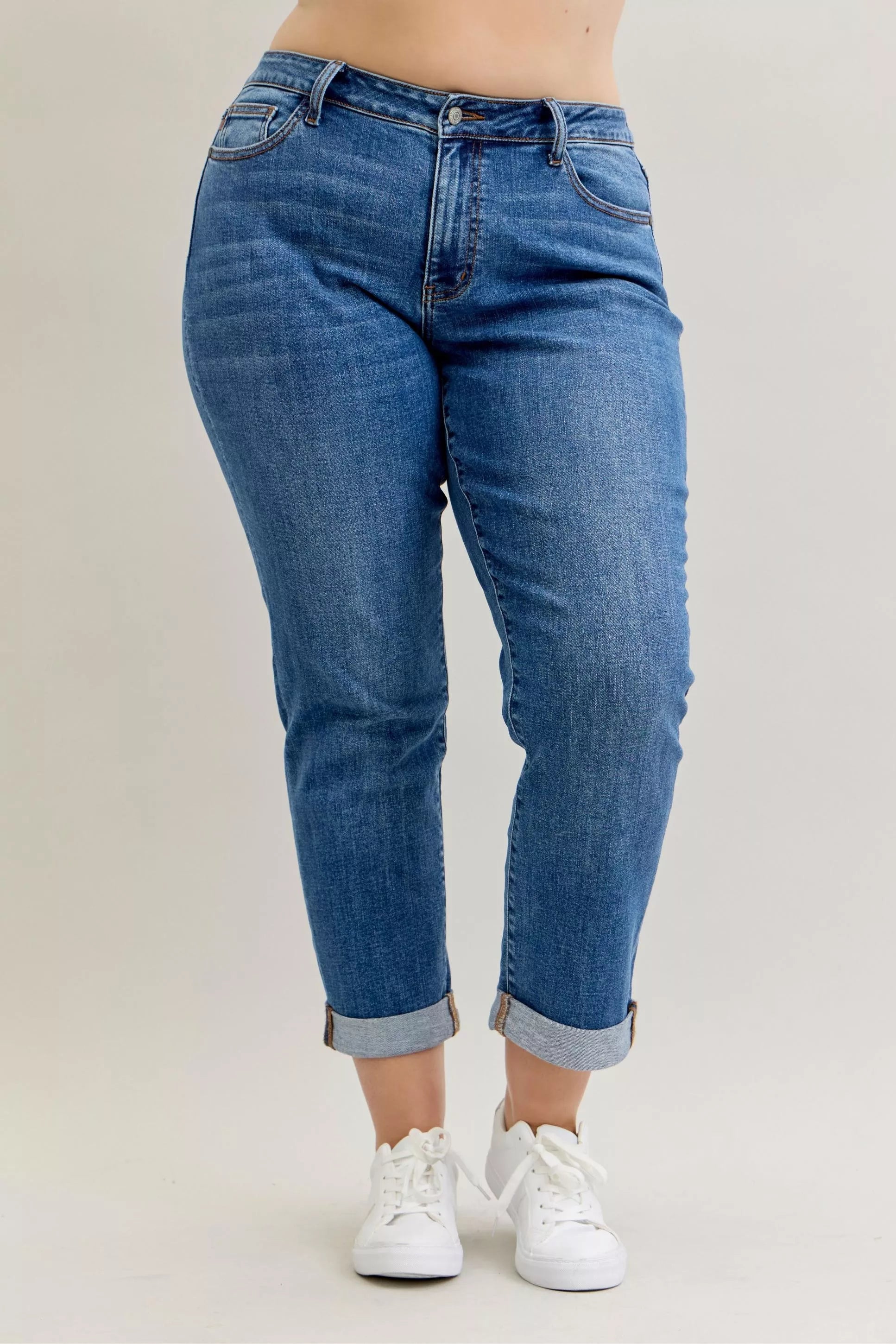 Judy Blue Full Size Mid Rise BF Classic Cuffed Jeans Plus Size Garden Naked Curves