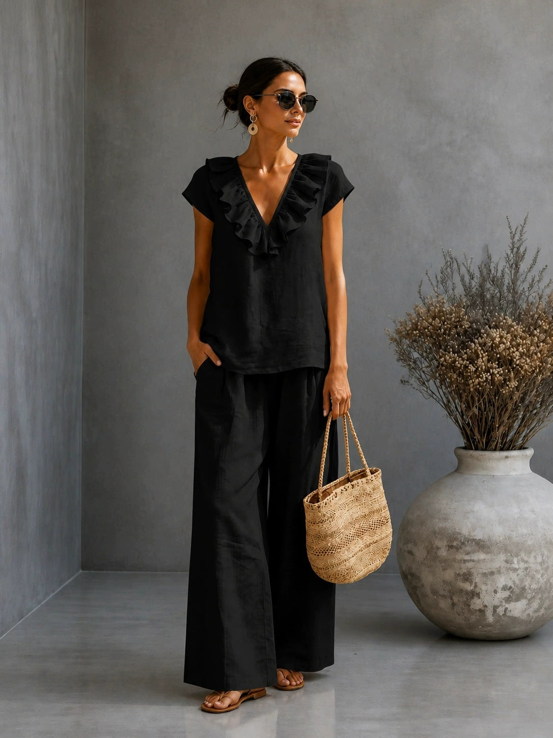 Women's V-Neck Ruffled Hem Top & Wide-Leg Pants Two-Piece Set FitiqueFit