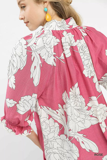 Umgee Peony Illustration Print Flounce Sleeve Blouse FitiqueFit