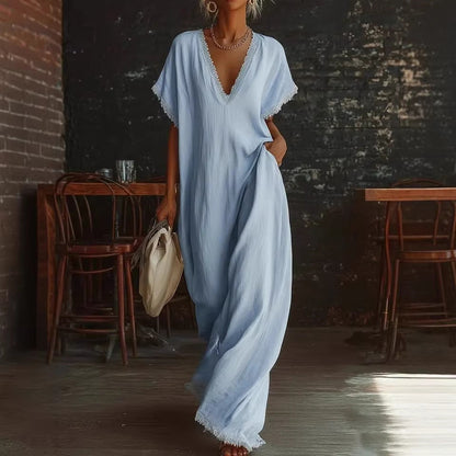 Lace-Trimmed Loose Linen Cotton Long Dress for Women FitiqueFit
