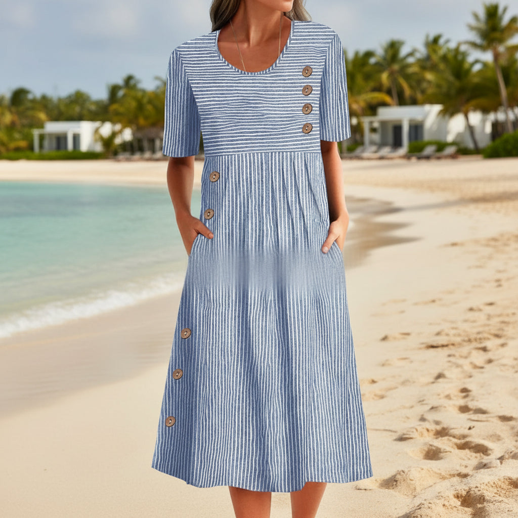 Button-Down Swing Maxi Dress – Short Sleeve Pocket Pullover Long Dress FitiqueFit