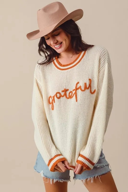 SO ME Thanksgiving Grateful Lettering Stitch Sweater West2East Surf
