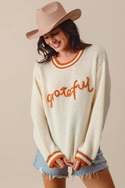 SO ME Thanksgiving Grateful Lettering Stitch Sweater West2East Surf